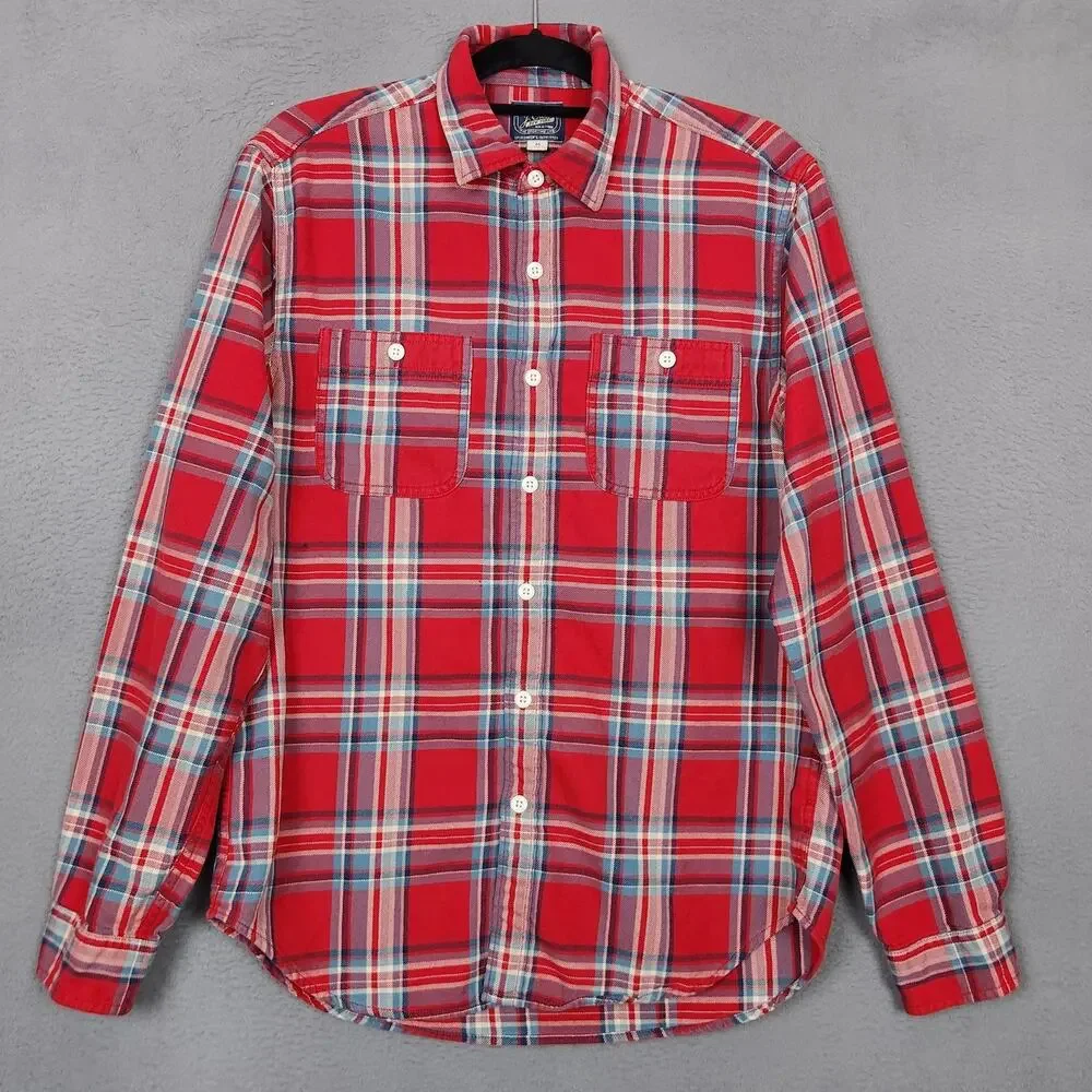 J CREW Shirt Mens Medium Red Plaid 100% Cotton Button Up Long Sleeve Flannel